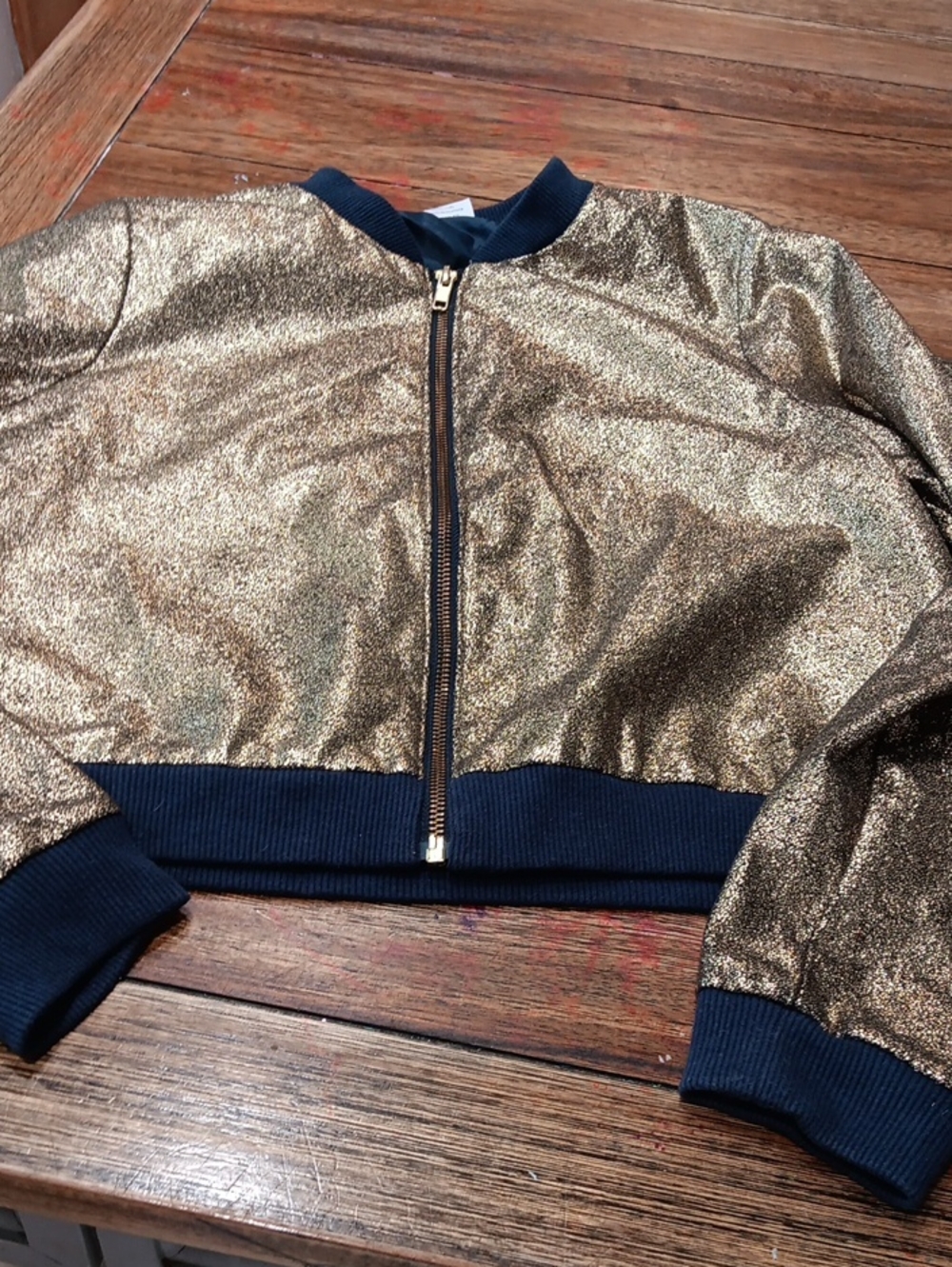 wonder nation Girls Metallic Gold Bomber Jacket with Navy Trim